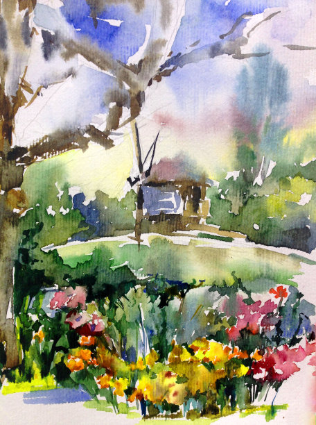 水彩彩色明亮的纹理抽象背景手工制作。地中海风景。画了村庄的建筑和植被图片下载