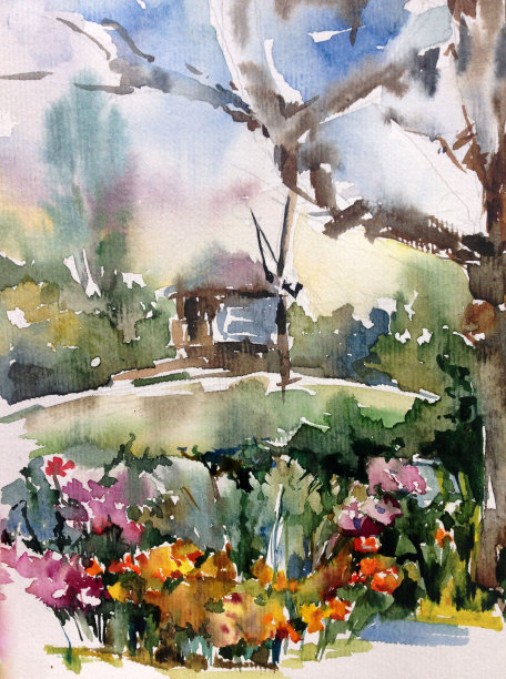 水彩彩色明亮的纹理抽象背景手工制作。地中海风景。画了村庄的建筑和植被图片下载