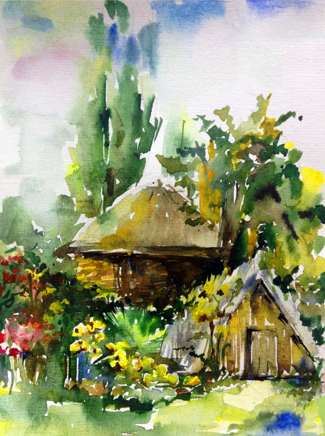 水彩彩色明亮的纹理抽象背景手工制作。地中海风景。画了村庄的建筑和植被图片下载