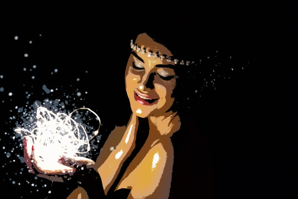 插图。一个年轻的黑发女人的肖像，拿着一个发光的LED灯球。图片下载