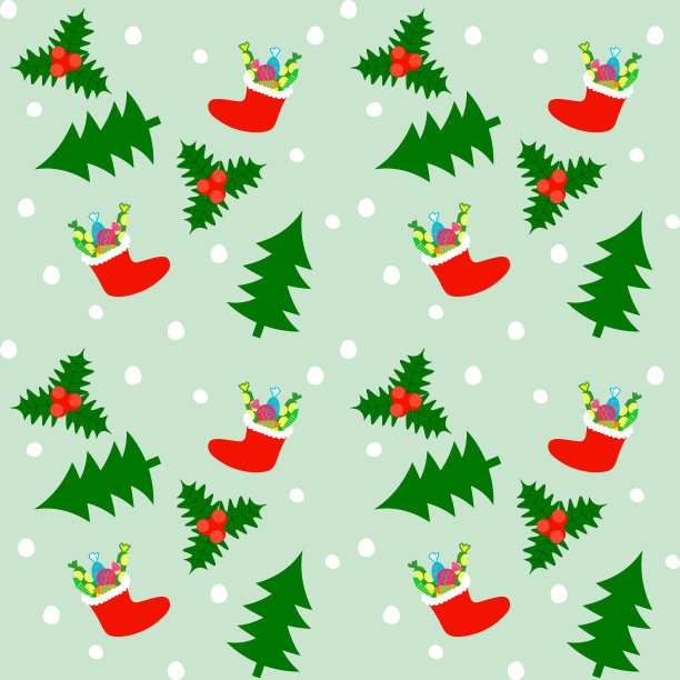 圣诞图案有冷杉、冬青、糖果、红靴子、雪球、艺术感。矢量插图,无缝的。图片下载