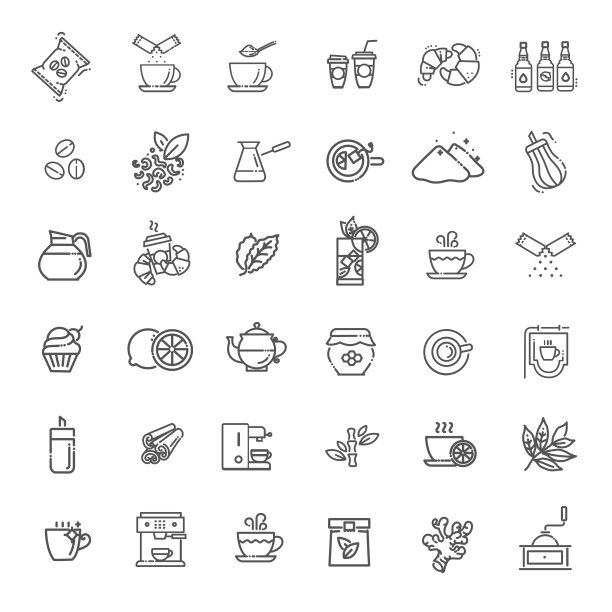 咖啡和茶矢量图标设置。细线设计图片下载