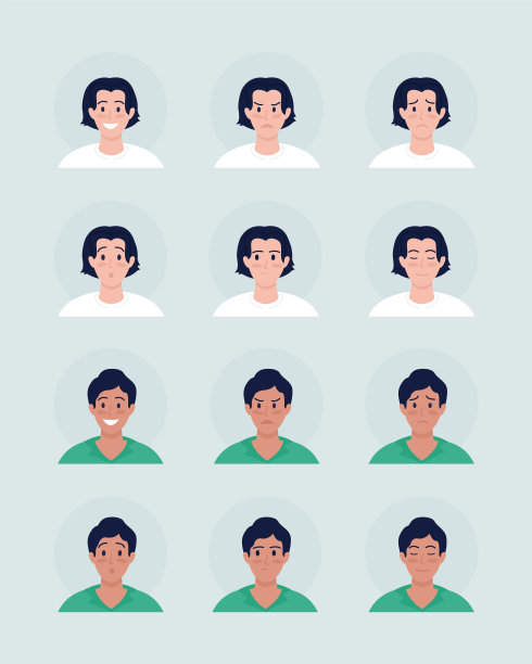 各种男孩面部表情半平颜色向量角色化身集图片下载