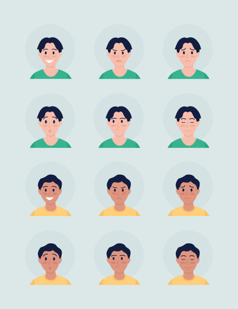多样化的男孩面部表情半平面颜色向量角色化身集图片下载