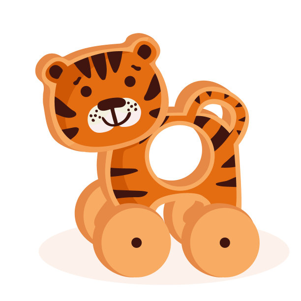 儿童玩具。轮子上的木制动物形象。老虎。孤立在白色背景。图片下载