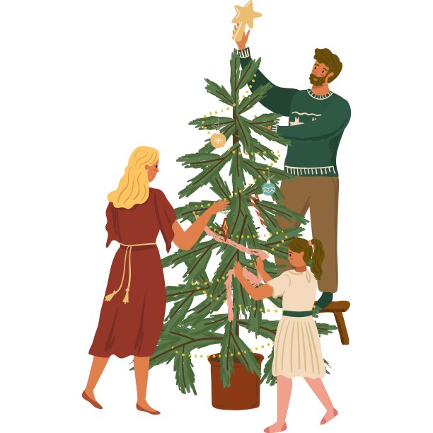 家庭与孩子装饰圣诞树矢量图标图片下载