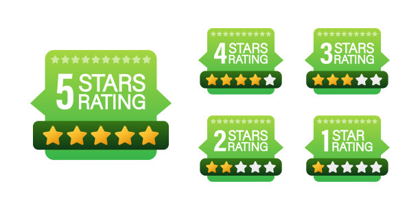 5星评级。徽章与图标在白色背景。矢量插图。图片下载