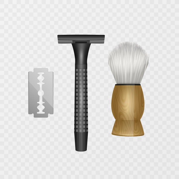 一套剃须工具，剃须刀片和泡沫刷在白色的背景图片下载