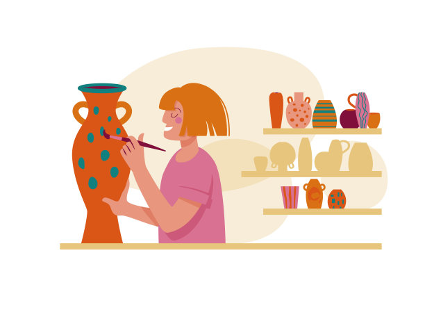 陶瓷工作室室内有陶瓷和一个正在画花瓶的女人。矢量插图。图片下载