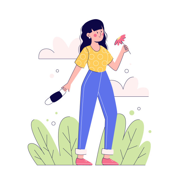 冠状病毒终结的概念。女人摘下她的面具，享受自然。现代平面向量。图片下载