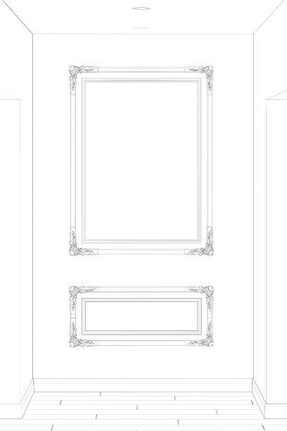 走廊内部的草图，墙上有古典风格的垂直海报，瓷砖地板，两个门和天花板。前视图。图片下载