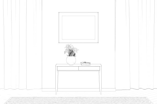 房间的素描，挂着窗帘的大窗户之间的墙上挂着一张水平海报，控制台放着一个花瓶，花瓶上放着干花，瓷砖地板上铺着地毯。前视图。三维渲染图片下载