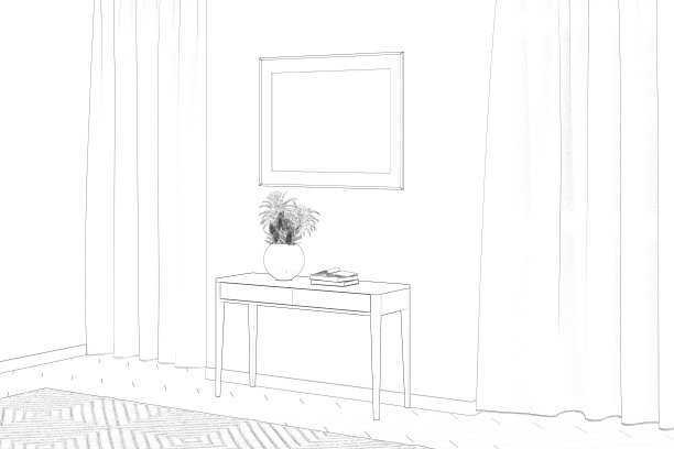 这是一间现代风格的房间，有两扇大窗户，拼花地板上铺着地毯，控制台上方有一张水平的海报，花瓶里放着干花和书。图片下载