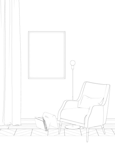 这是一间现代房间的草图，窗帘旁边有一张垂直的海报，扶手椅旁边有一个杂志架和一盏灯，地毯铺在瓷砖地板上。图片下载