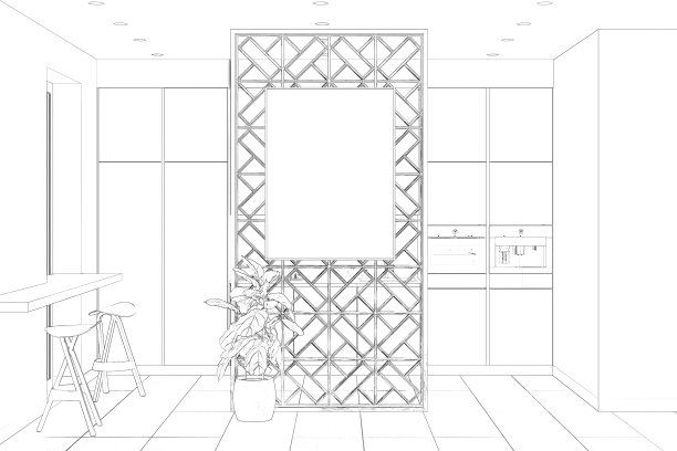 这是一个极简主义厨房的草图，隔板上有一张垂直的海报，花盆里有一株植物，靠近窗户的架子上有吧台凳，背景是厨房橱柜，地砖地板。图片下载