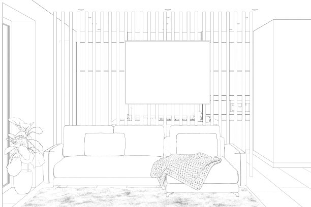 客厅的草图，隔板上有一张水平的海报，大窗户旁有一株植物，沙发上有一条针织毯子，地砖上铺着松软的地毯，背景是厨房。图片下载