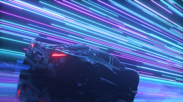 未来的概念。跑车在发光的霓虹灯线的背景。蓝色紫色。三维演示图片下载