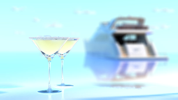 在返回游艇之前，在海滩上享受两杯新鲜的鸡尾酒，面朝天堂般的风景。三维渲染图片下载