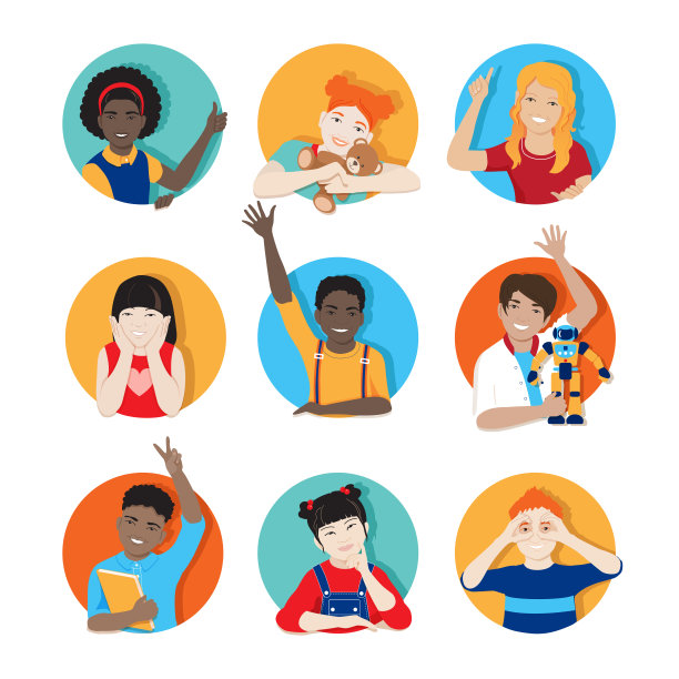 各种各样的孩子在圆窗边打手势图片下载