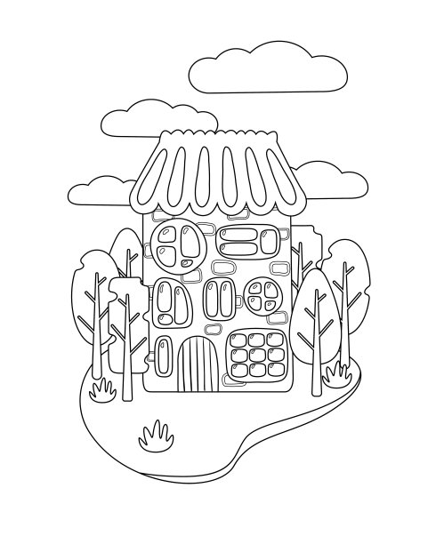 flat art nouveau house的涂色书。有特殊窗户的房子。风景有树有云。涂色本适合小学生，具有简单的教育游戏水平。每股收益10图片下载