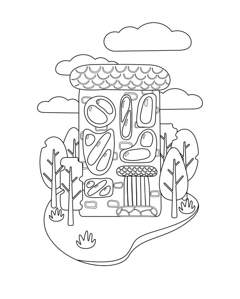 flat art nouveau house的涂色书。有特殊窗户的房子。风景有树有云。涂色本适合小学生，具有简单的教育游戏水平。每股收益10图片下载
