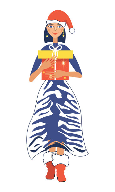 戴着圣诞老人帽子的漂亮女孩。卡通女孩手里拿着一个礼盒。穿着虎纹连衣裙的女孩。图片下载