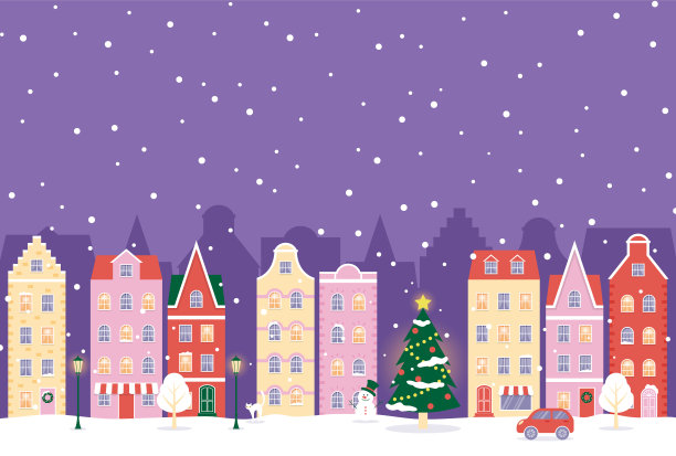 向量背景与圣诞景观的房子在晚上的雪横幅，卡片，传单，社交媒体壁纸等。图片下载