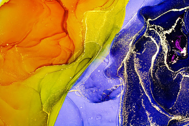 摘要明亮闪亮的颜色流体背景，手绘酒精与金色条纹，液体墨水技术纹理高分辨率的背景设计图片下载