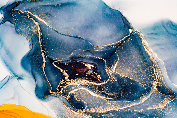 摘要明亮闪亮的颜色流体背景，手绘酒精与金色条纹，液体墨水技术纹理高分辨率的背景设计图片下载