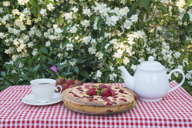 在夏日的花园里喝茶，吃草莓馅饼;图片下载