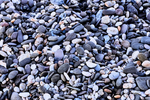 海卵石的背景，俯视图。海石的质地。海面上有灰色、白色的石头。海石的天然材料和颜色。紫蓝色阴影。水平的照片。图片下载