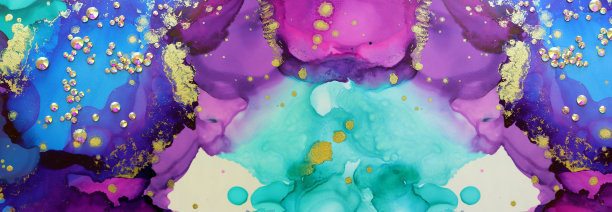 艺术摄影抽象流体艺术绘画与酒精墨水蓝色，紫色，绿色，金色的颜色和水晶水晶石图片下载