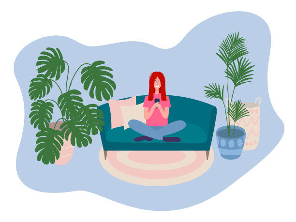 矢量女人坐在沙发和上网图片下载