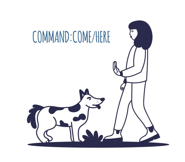 宠物犬训练：执行“过来”口令，训练过程的简约图标矢量插画图片下载