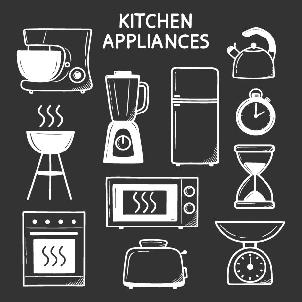 厨房电器上有黑色细白色轮廓。涂鸦风格图片下载