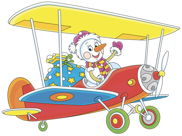 在玩具飞机上带着礼物的雪人图片下载