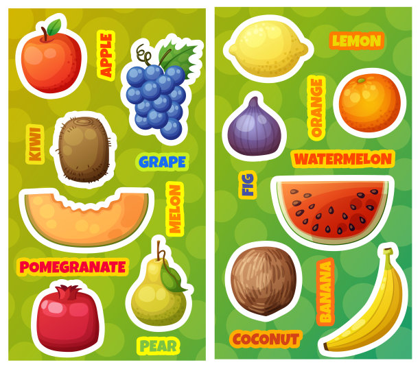 彩色图标与卡通水果贴纸孤立在白色的背景为儿童设计。有趣的矢量插图与苹果，橘子，梨，葡萄，香蕉，西瓜，柠檬，猕猴桃，甜瓜，石榴，无花果，椰子图片下载