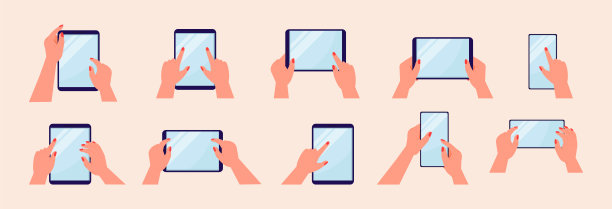 手持平板电脑，智能手机，触摸空屏幕。移动设备多点触摸屏矢量集模型。图片下载