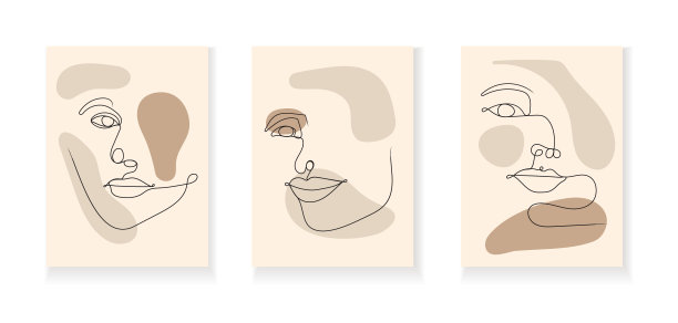 波西米亚妇女面对抽象墙壁艺术向量集。超现实的肖像，女孩的脸在线条风格。几何轮廓技术中的复古抽象图片图片下载