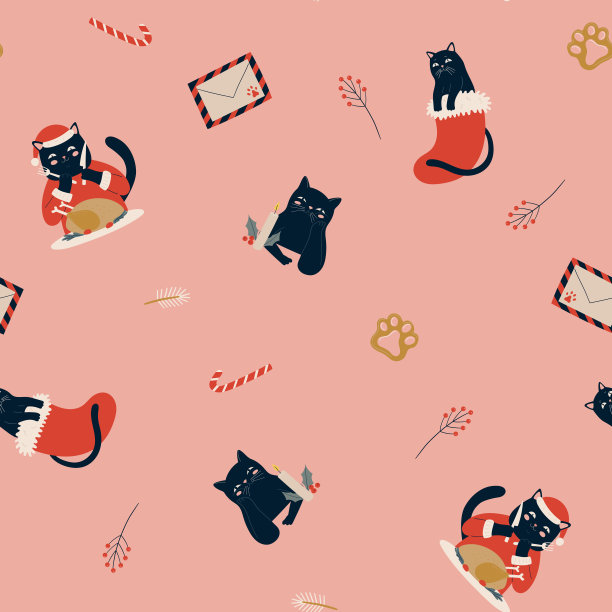 无缝矢量图案与圣诞黑猫，信件，圣诞棒棒糖等。图片下载