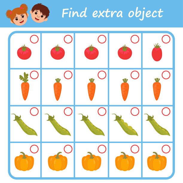 学龄前儿童教育逻辑游戏。在序列行中找到额外的对象。蔬菜。图片下载