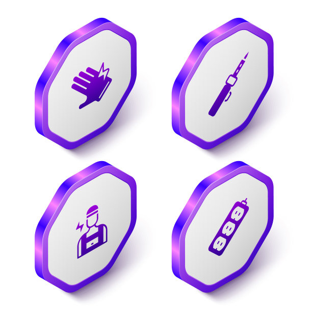 设置等距电子手套，烙铁，电工和扩展图标。紫色的六角按钮。向量图片下载