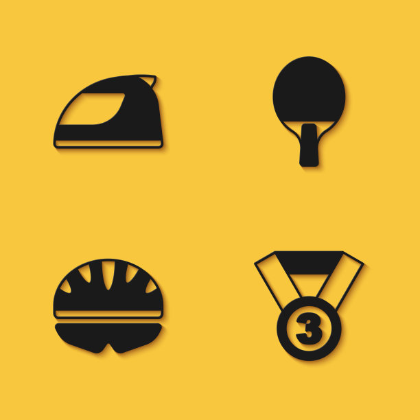 设置赛车头盔，奖牌，自行车和球拍图标与长阴影。向量图片下载