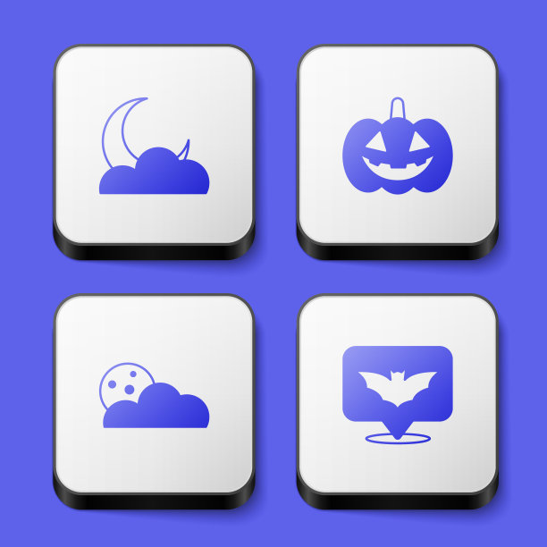 设置月亮和星星，南瓜，和飞行的蝙蝠图标。白色正方形按钮。向量图片下载