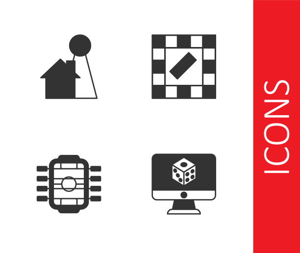 设置游戏骰子，棋盘游戏芯片，桌足球和棋盘图标。向量图片下载