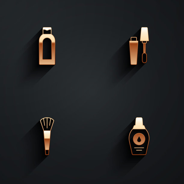 套装洗发水，睫毛膏刷，化妆品和图标与长阴影。向量图片下载