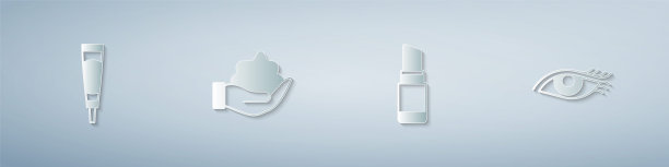 套装霜或乳液化妆品管，剃须泡沫手，口红和女人眼睛。纸艺术风格。向量图片下载