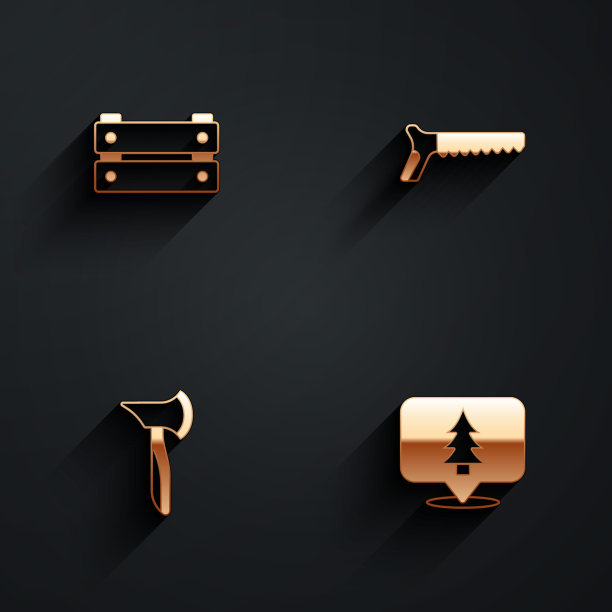 设置木箱，手锯，斧头和位置的森林图标与长影子。向量图片下载