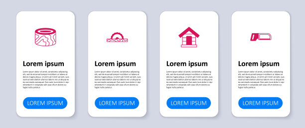 设置钢锯，狗的房子，电动循环和木制的原木。业务信息模板。向量图片下载