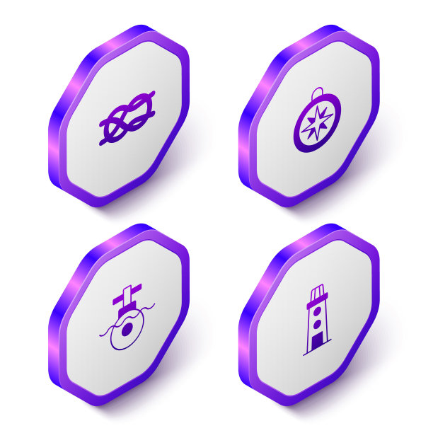 设置等距航海绳结，指南针，潜艇和灯塔图标。紫色的六角按钮。向量图片下载